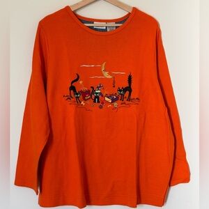 Woman’s Plus White Stag Halloween Shirt, Orange, Black Cats Embroidered 18W/20W